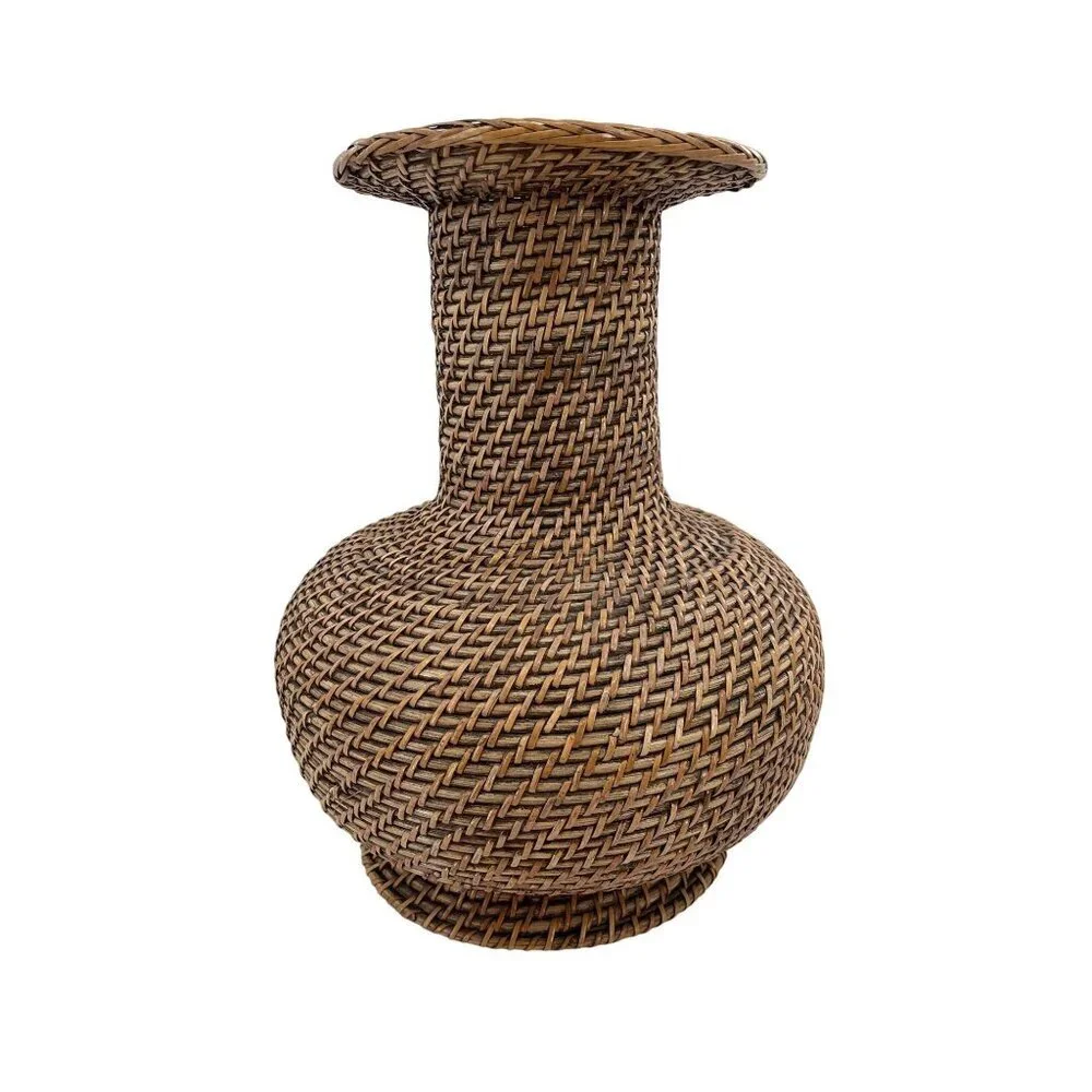 Handwoven Wicker Vase Decorative Accent Piece With Textured Weave & Wide Rim Des